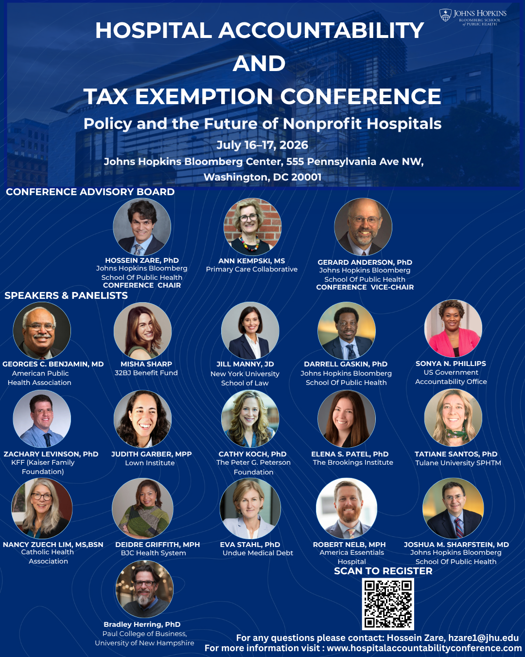 Hospital Accountability and Tax Exemption Conference official poster — Policy and the Future of Nonprofit Hospitals, July 16–17, 2026